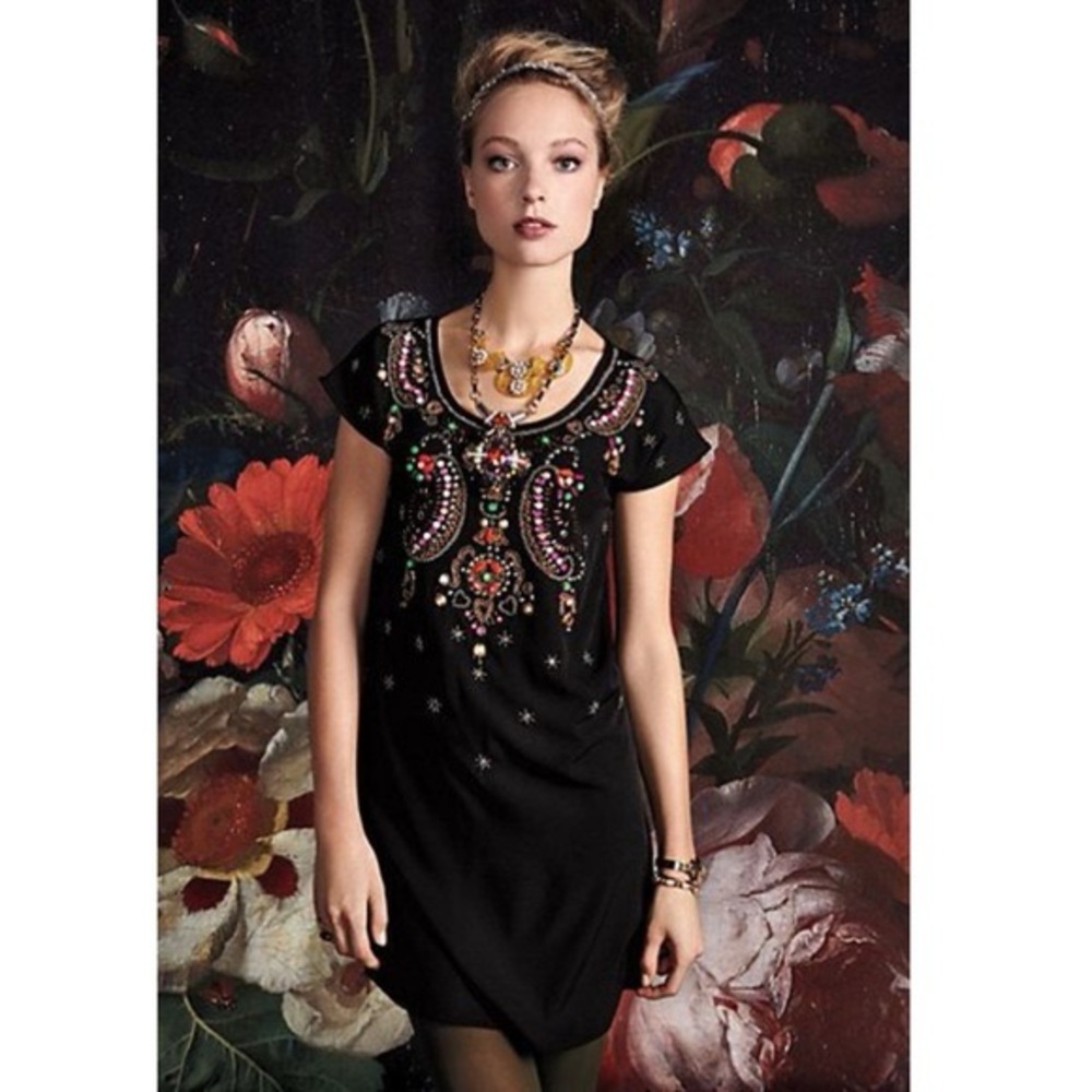 Yumi by Anthropologie Chic Black Midi Dress with Vibrant Embroidery